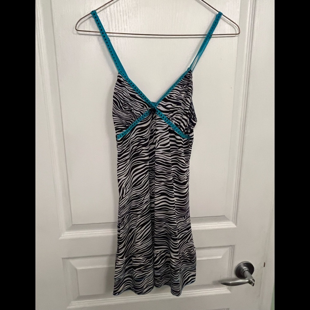 Pucker Up Lacey Zebra Print With Turquoise Blue Lace Trim.  Flouncy Tiered Hem L